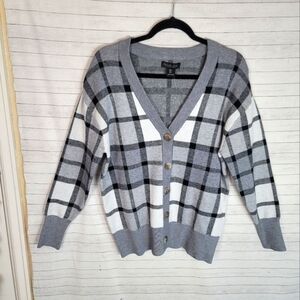 RACHEL ZOE GRAY PLAID V NECK BUTTON UP CARDIGAN SWEATER, SZ SMALL